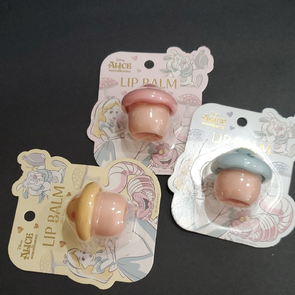 Disney's Alice in Wonderland raspberry vanilla and coconut scented lip balms new
